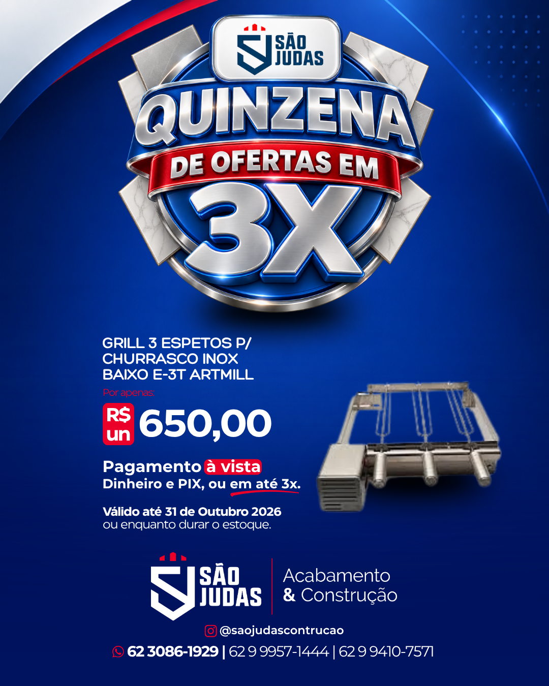 Grill 3 espetos p/ churrasco Inox Baixo E-3T artmill
