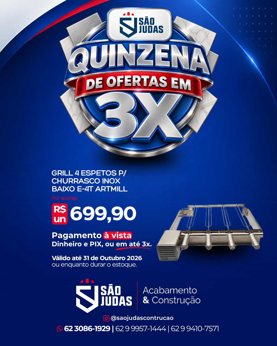 Grill 4 espetos p/ churrasco Inox Baixo E-4T artmill